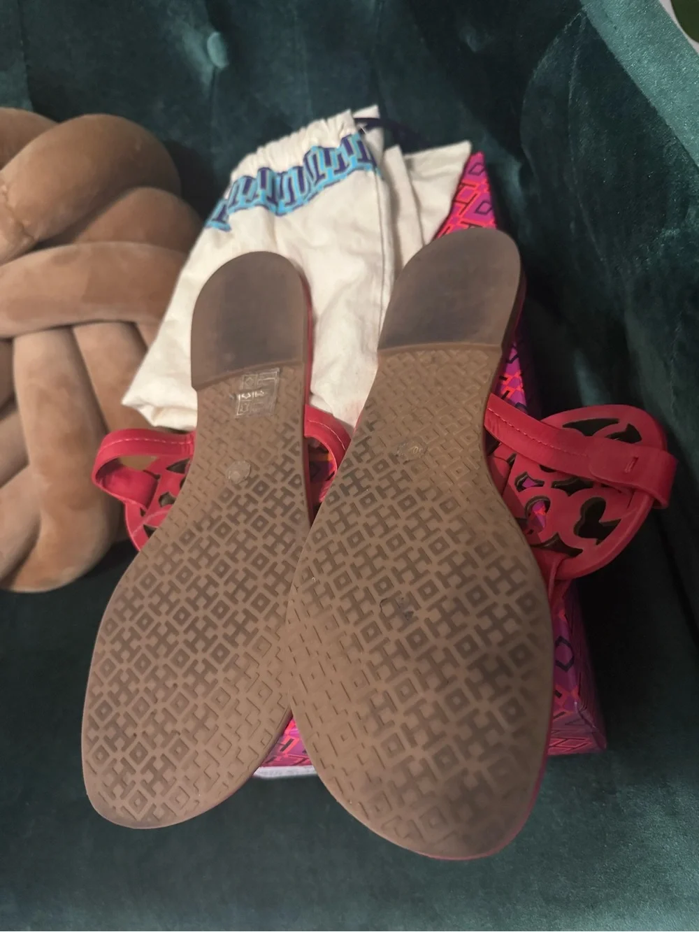 Tory Burch Brilliant Red Leather Sandals with Gold Logo